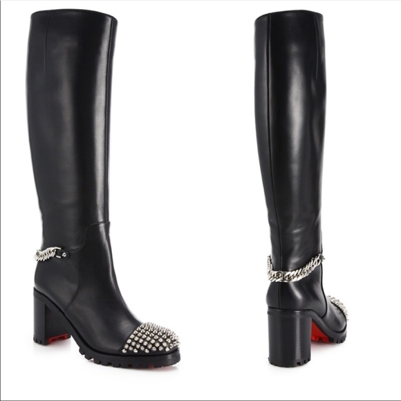 SOLD❤️Christian Louboutin Napaleona Spiked-Toe Red Knee Bl boots leather - Picture 2 of 16